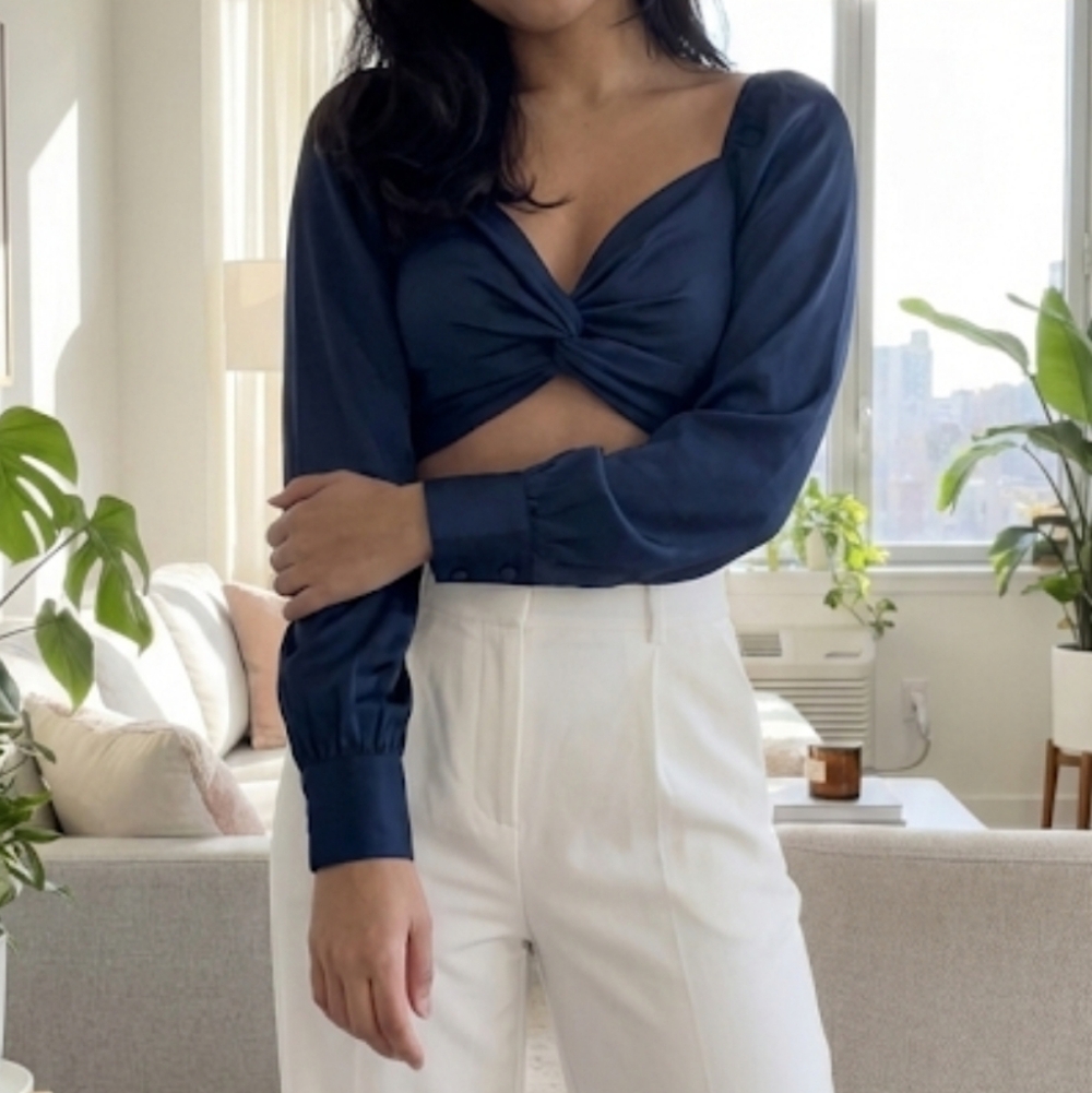 Navy Blue Crop Top with Long Sleeves